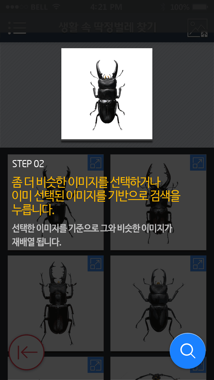 STEP 02 좀 더 비슷한 이미지를 선택하거나 이미 선택된 이미지를 기반으로 검색을 누릅니다. 선택한 이미지를 기준으로 그와 비슷한 이미지가 재배열 됩니다.