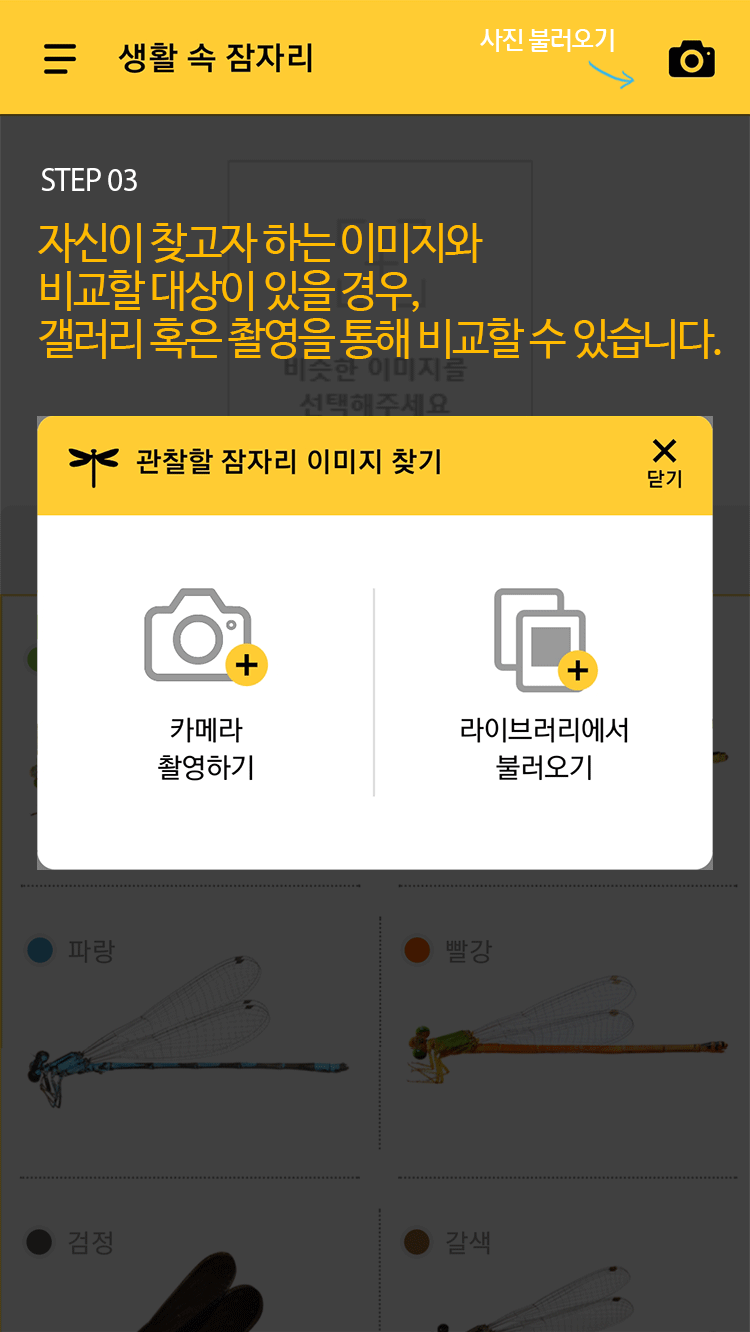 STEP 03 자신이 찾고자 하는 이미지와 비교할 대상이 있을 경우, 갤러리 혹은 촬영을 통해 비교할 수 있습니다.